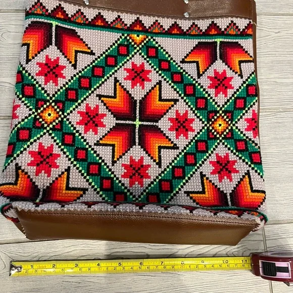 Colorful Geometric Cross-stitch Aztec Patterned Tote Bag with Brown Accents - Picture 9 of 14